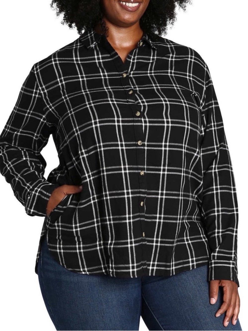 Jachs Girlfriend Super Soft Flannel Shirt Black White Plaid Pockets Large